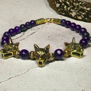 Cerberus Triple Wolf Bracelet With Blue Lapis Lazuli Gemstone Beads.